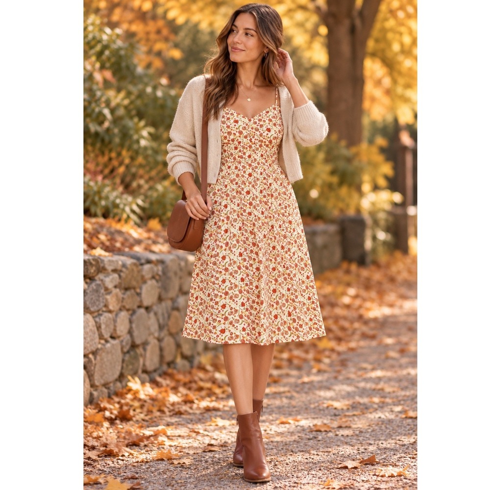 Old Navy Waist Defined Boho Smocked Fall Midi Dress XXL 2X Printed Thanksgiving